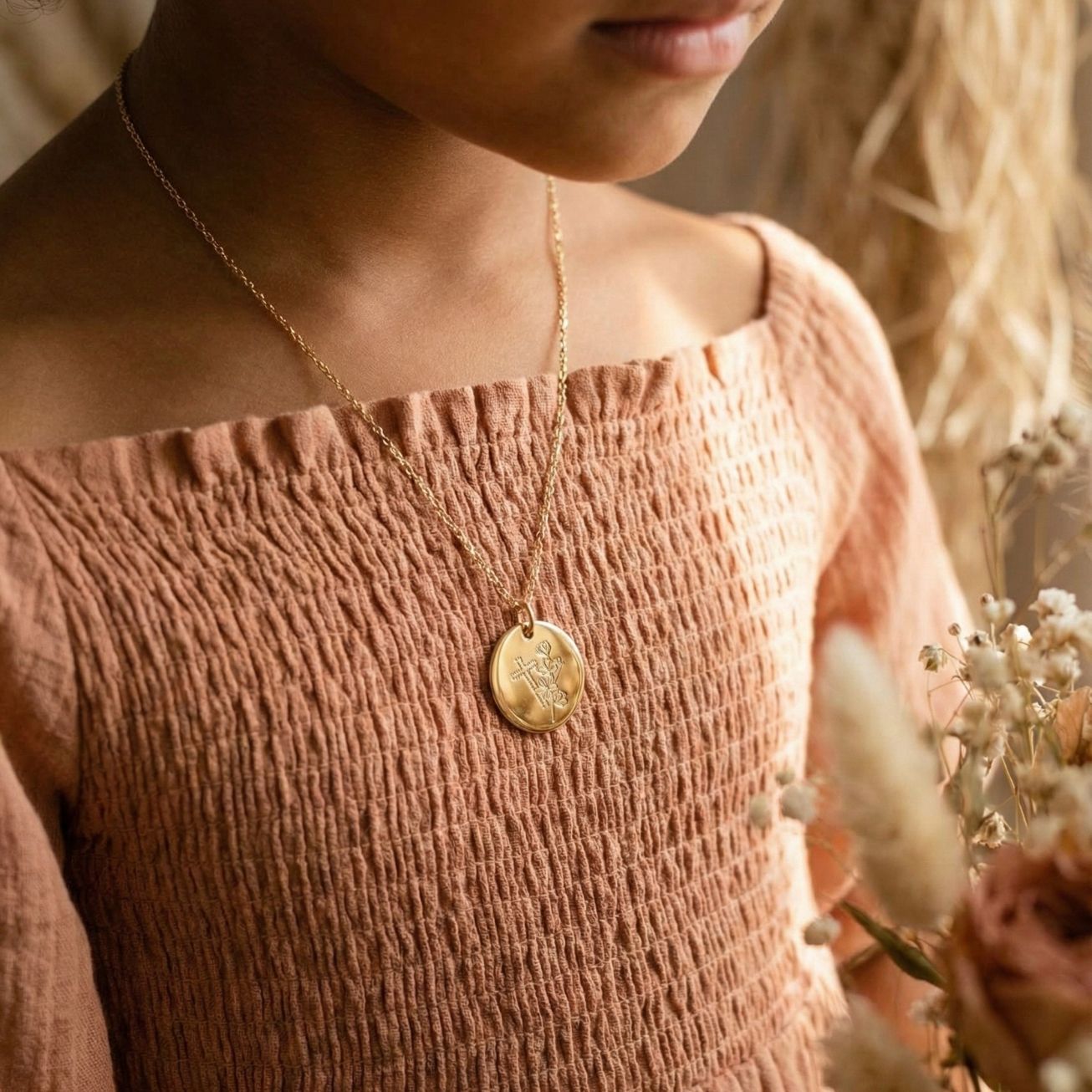 Collana battesimo Croce e ramo fiorito