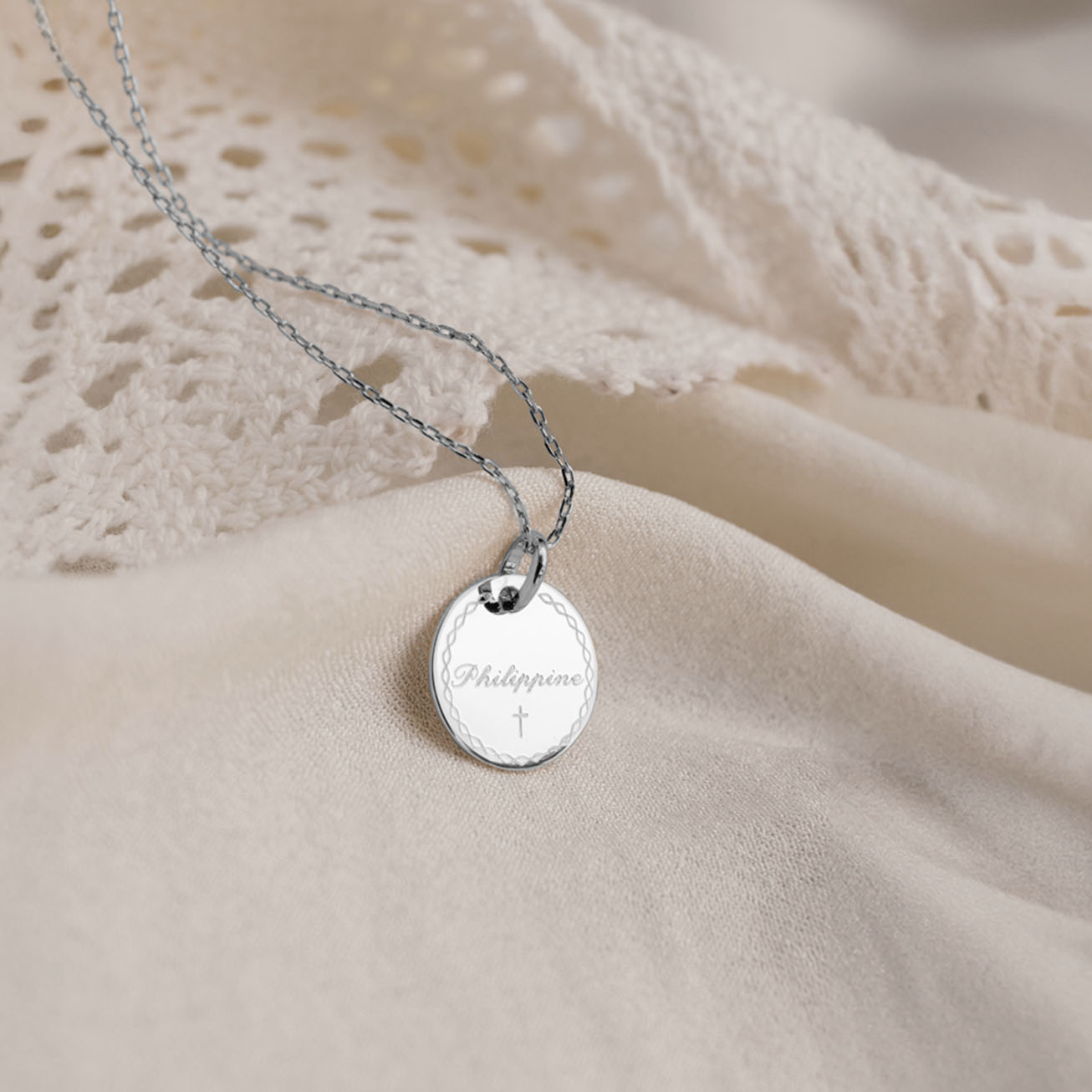 Collana battesimo croce e bordo inciso argento 925