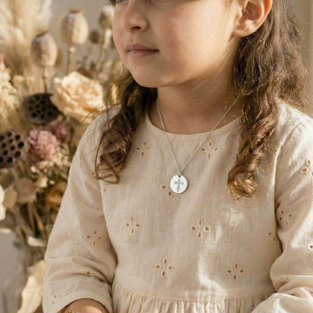 Collana di battesimo croce fiorita argento 925