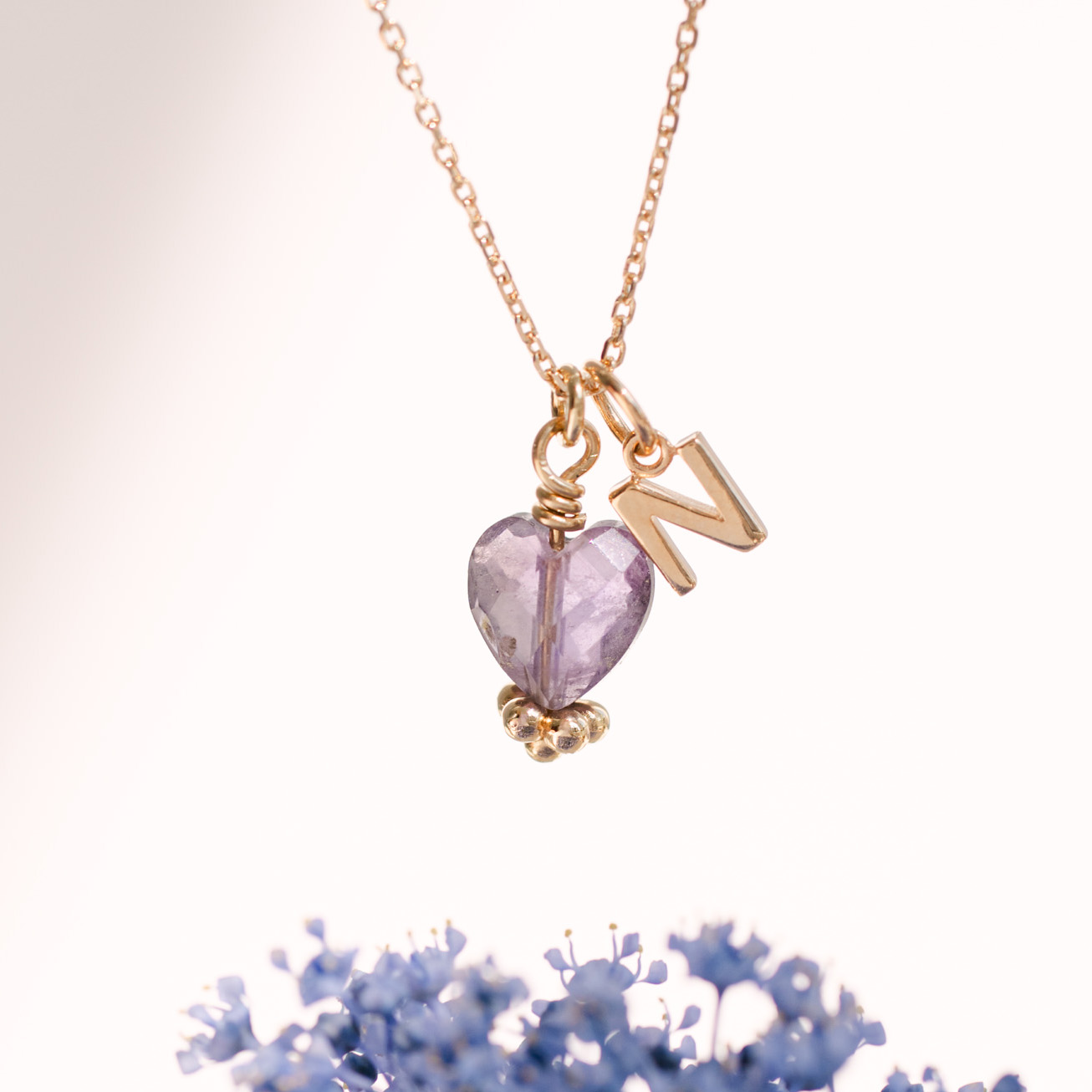 Collana iniziale e ametista cuore pietra di nascit