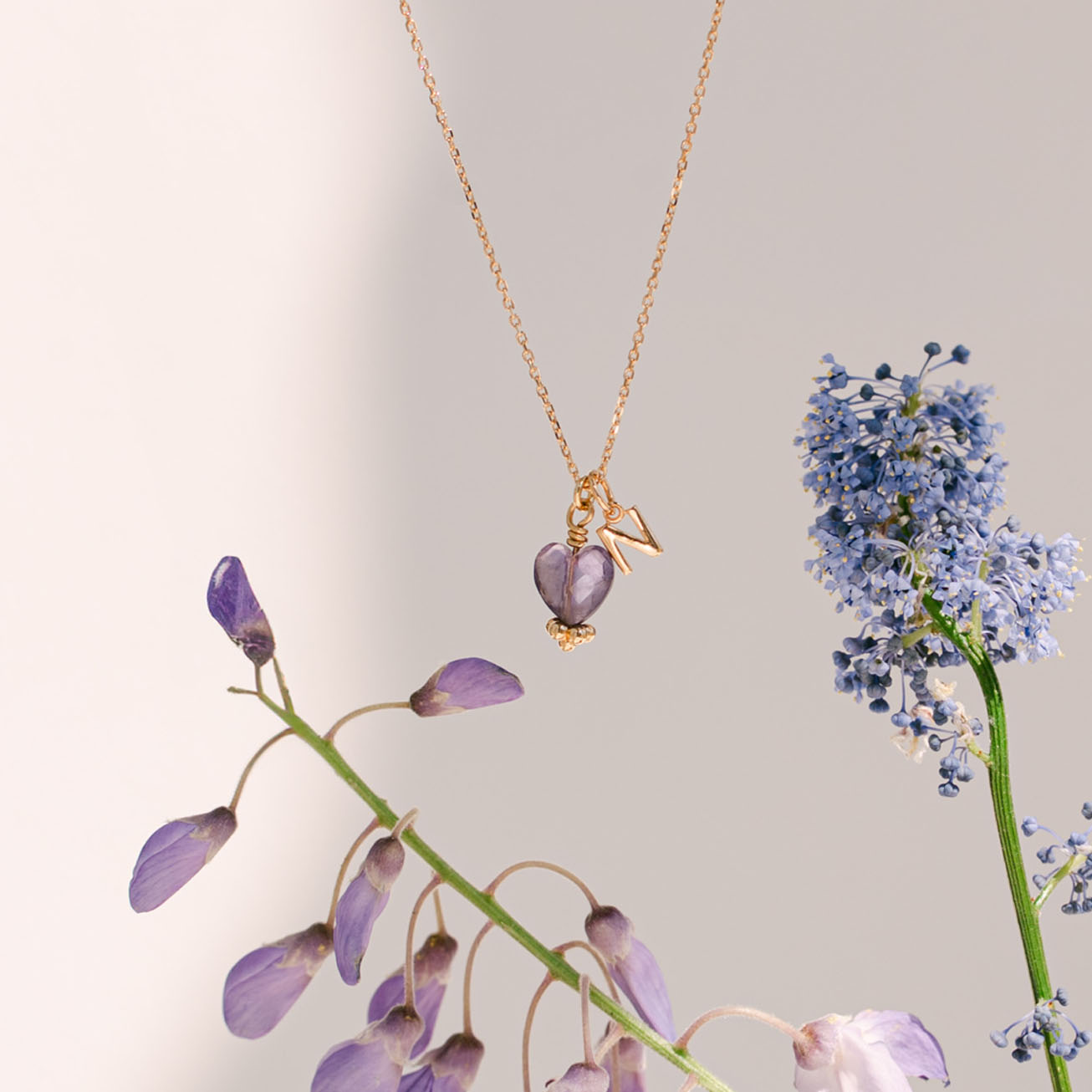 Collana iniziale e ametista cuore pietra di nascit