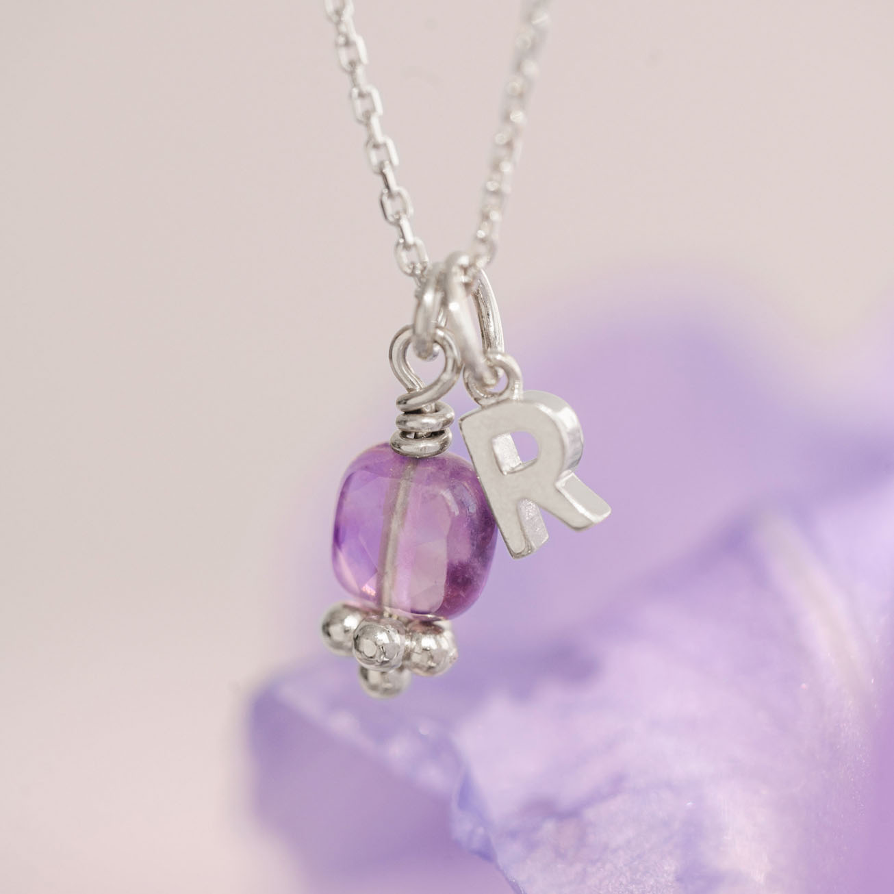 Collana iniziale ametista pietra di febbraio argen