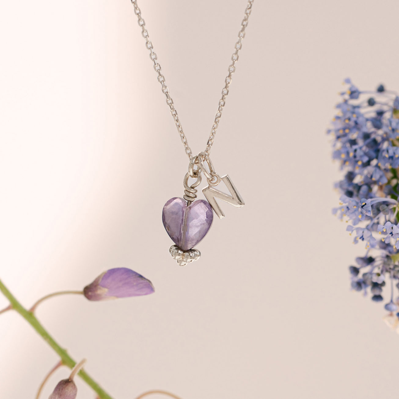 Collana iniziale pietra di nascita ametista cuore 