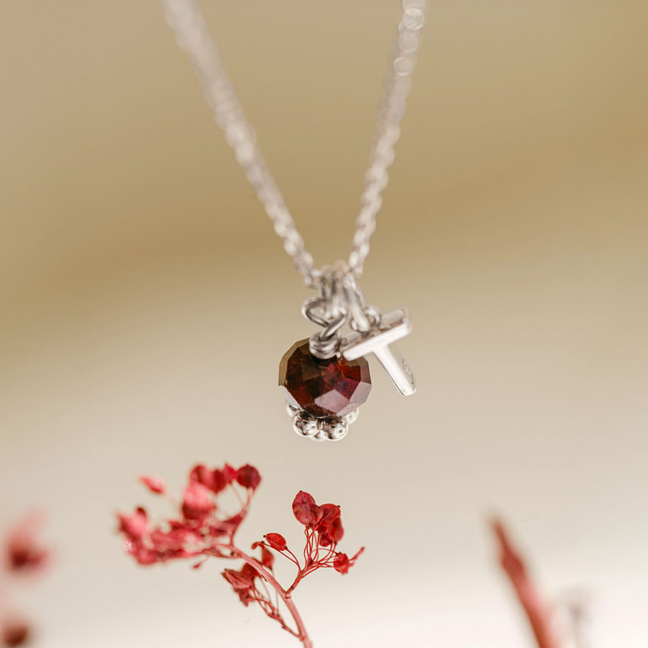 Collana personalizzata granata iniziale argento 92