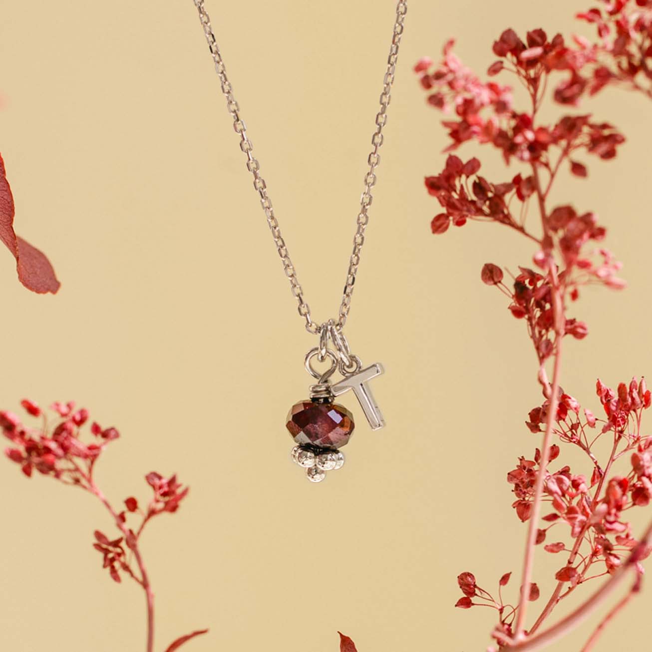 Collana personalizzata granata iniziale argento 92