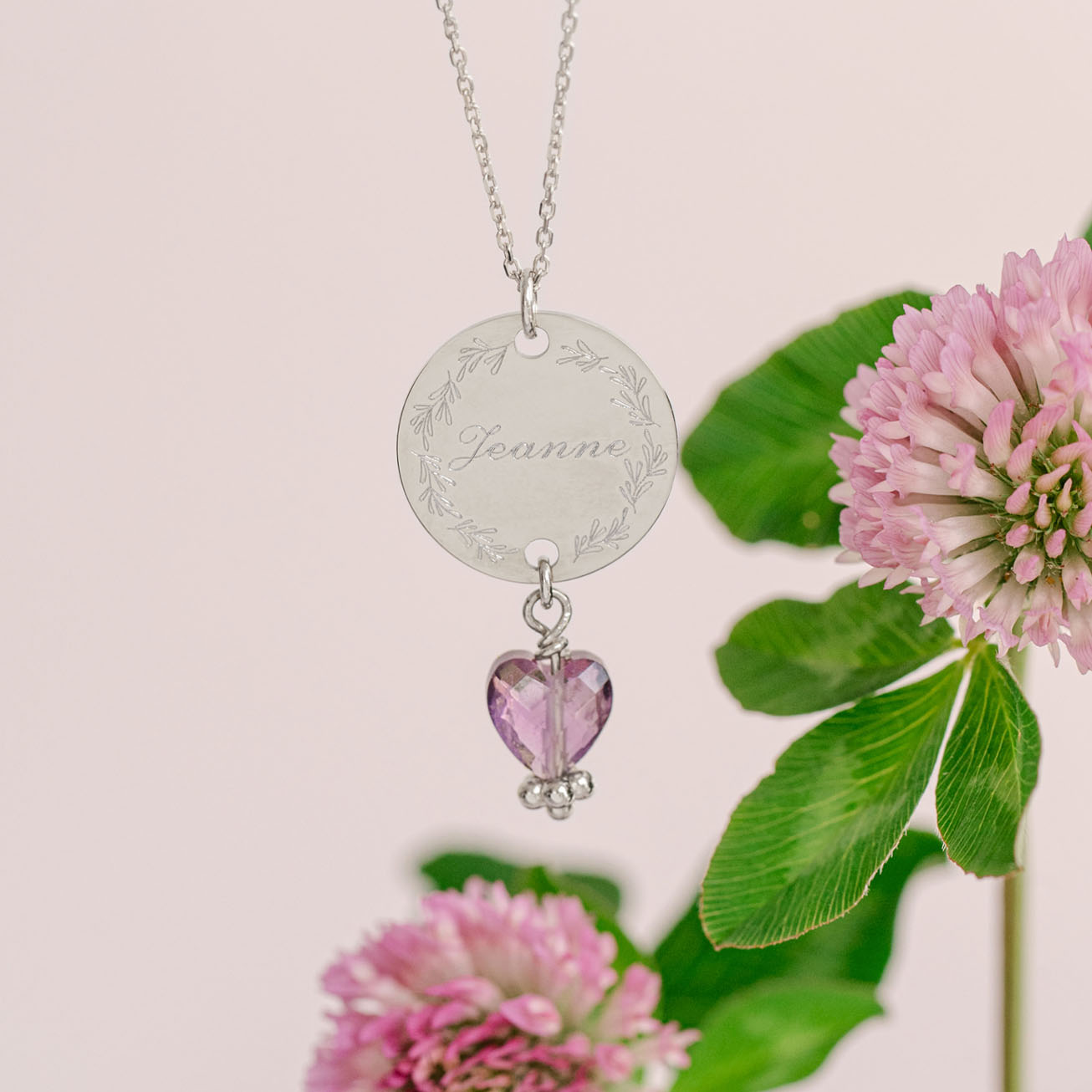 Collana personalizzata cuore ametista acciaio e argento