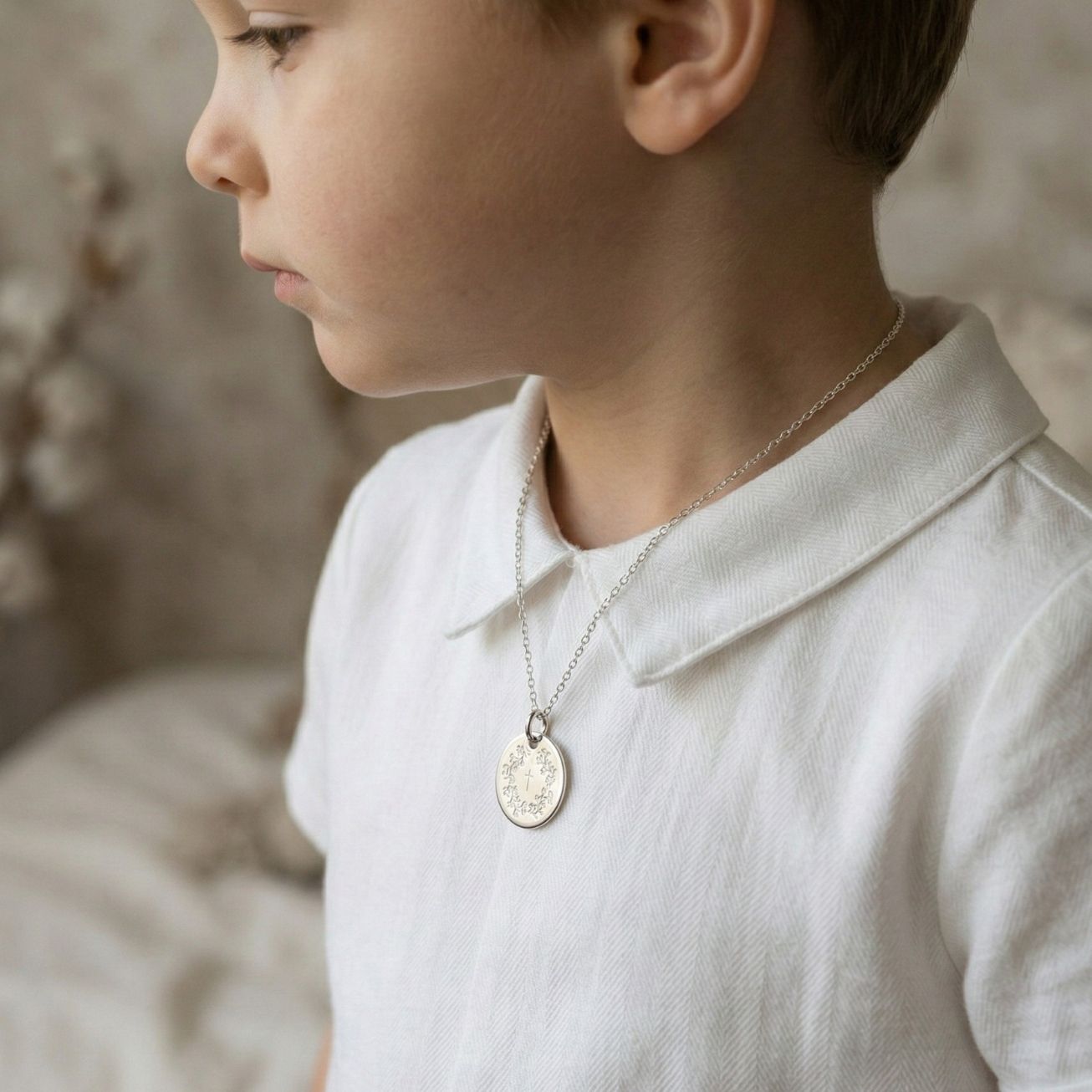 Collana battesimo corona di fiori e croce argento